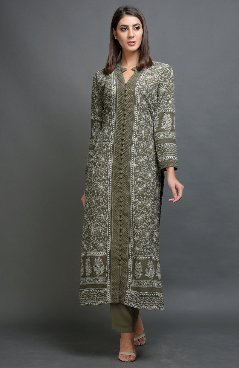 Olive Chikankari Embroidered Jacket Set