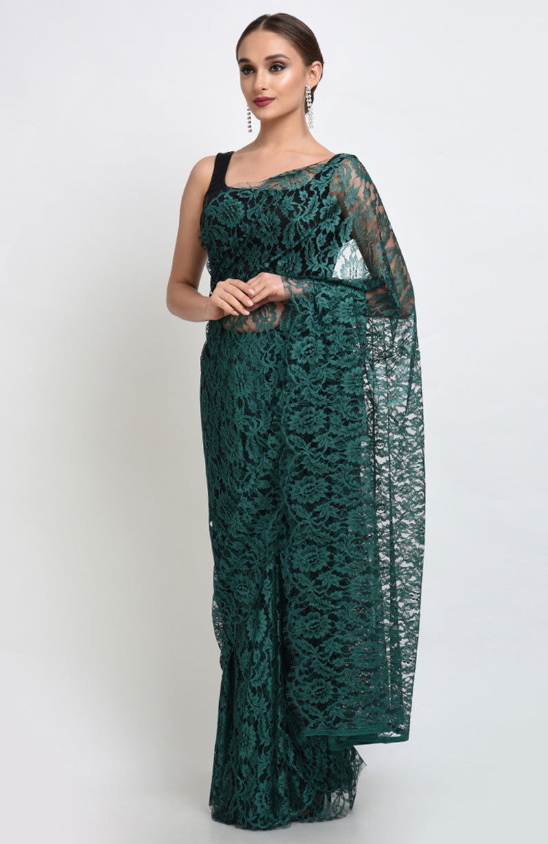 Peacock Green French Chantilly Lace Saree Set