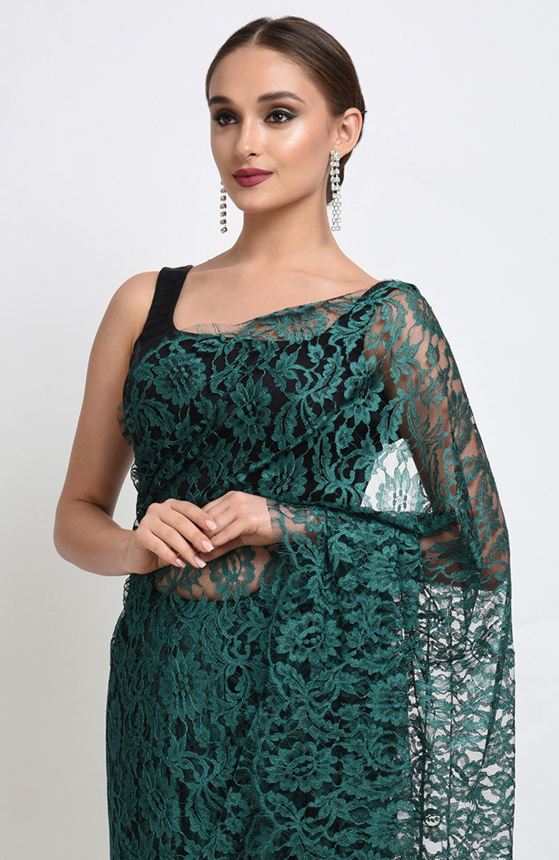 Peacock Green French Chantilly Lace Saree Set