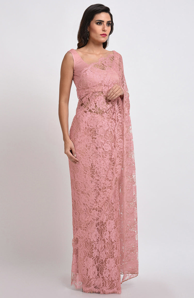 Old Rose  French Chantilly Lace Saree Set
