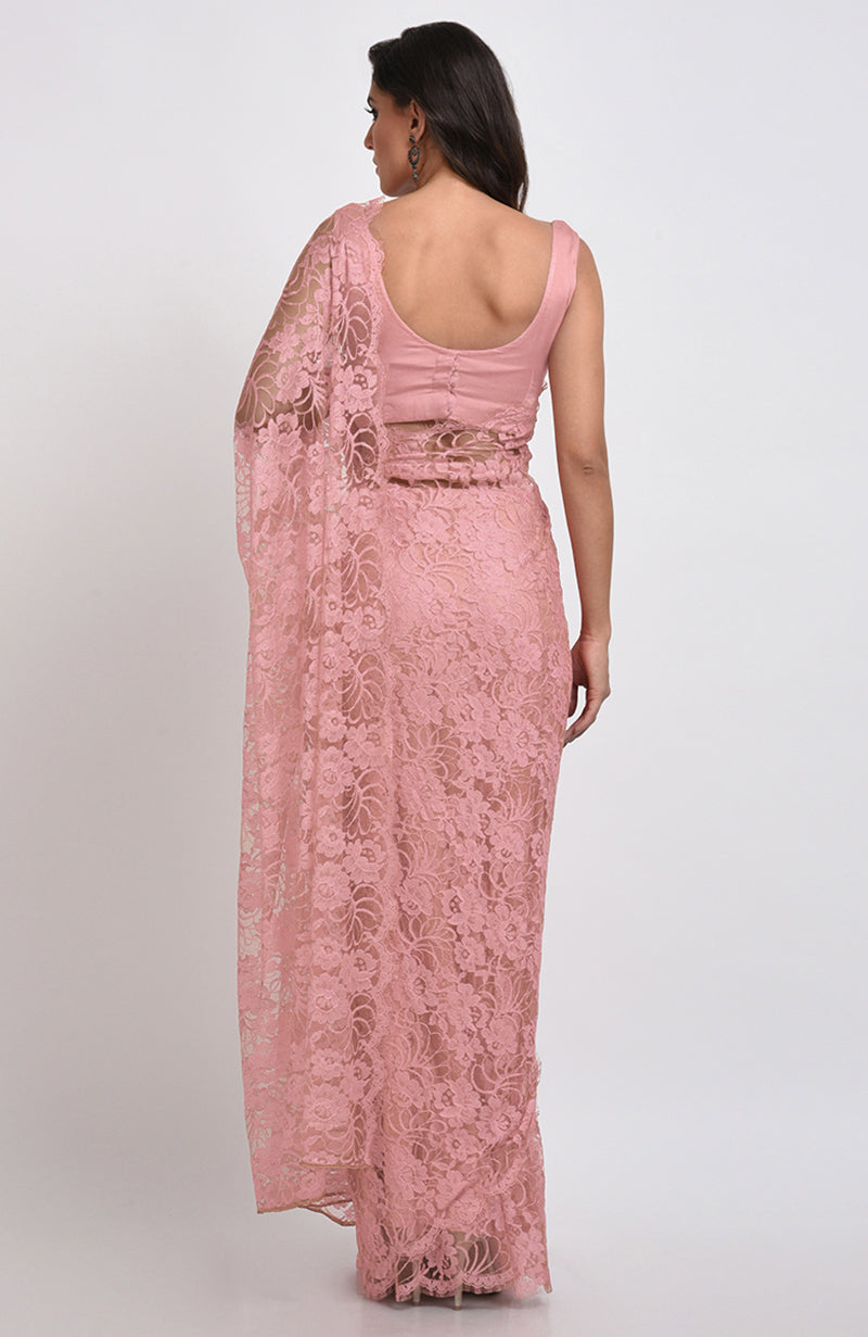 Old Rose  French Chantilly Lace Saree Set