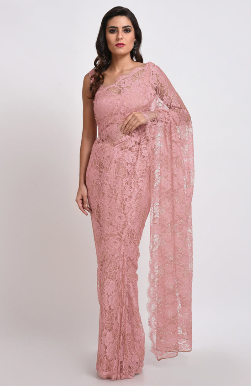 Old Rose  French Chantilly Lace Saree Set