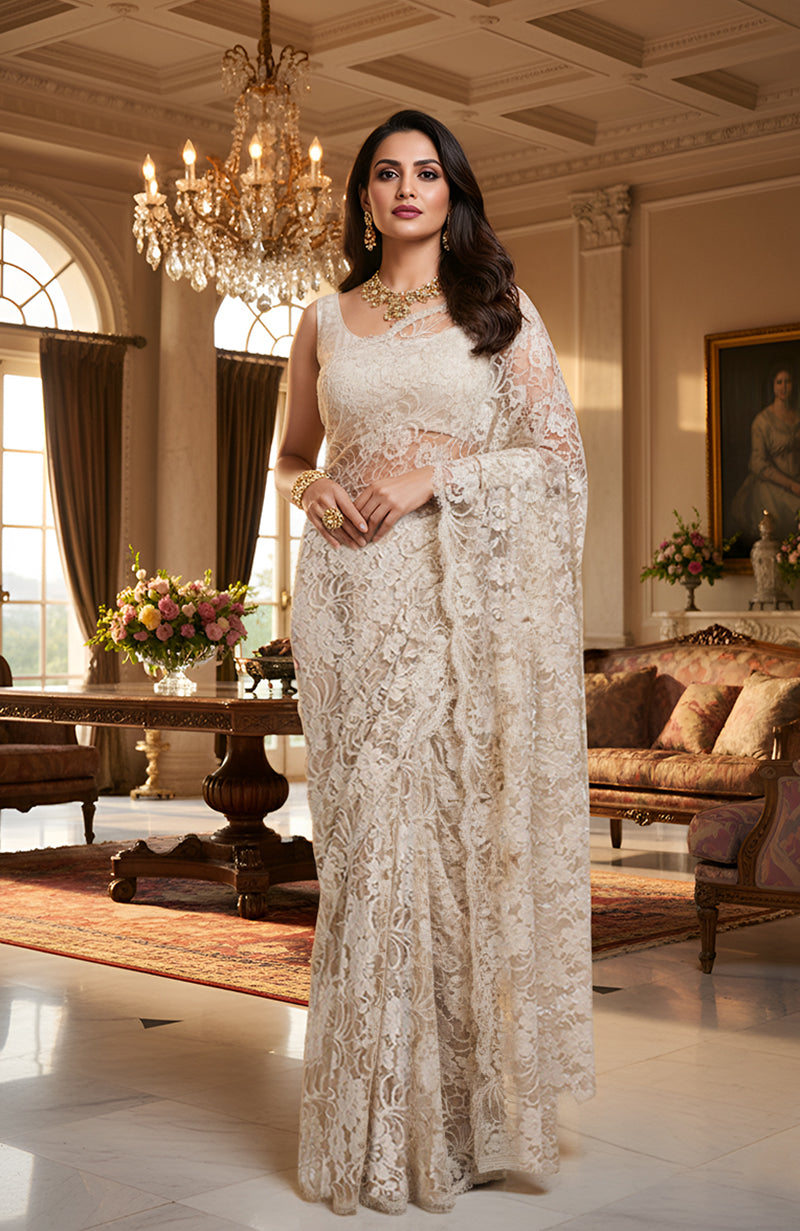 White Swan French Chantilly Lace Saree Set
