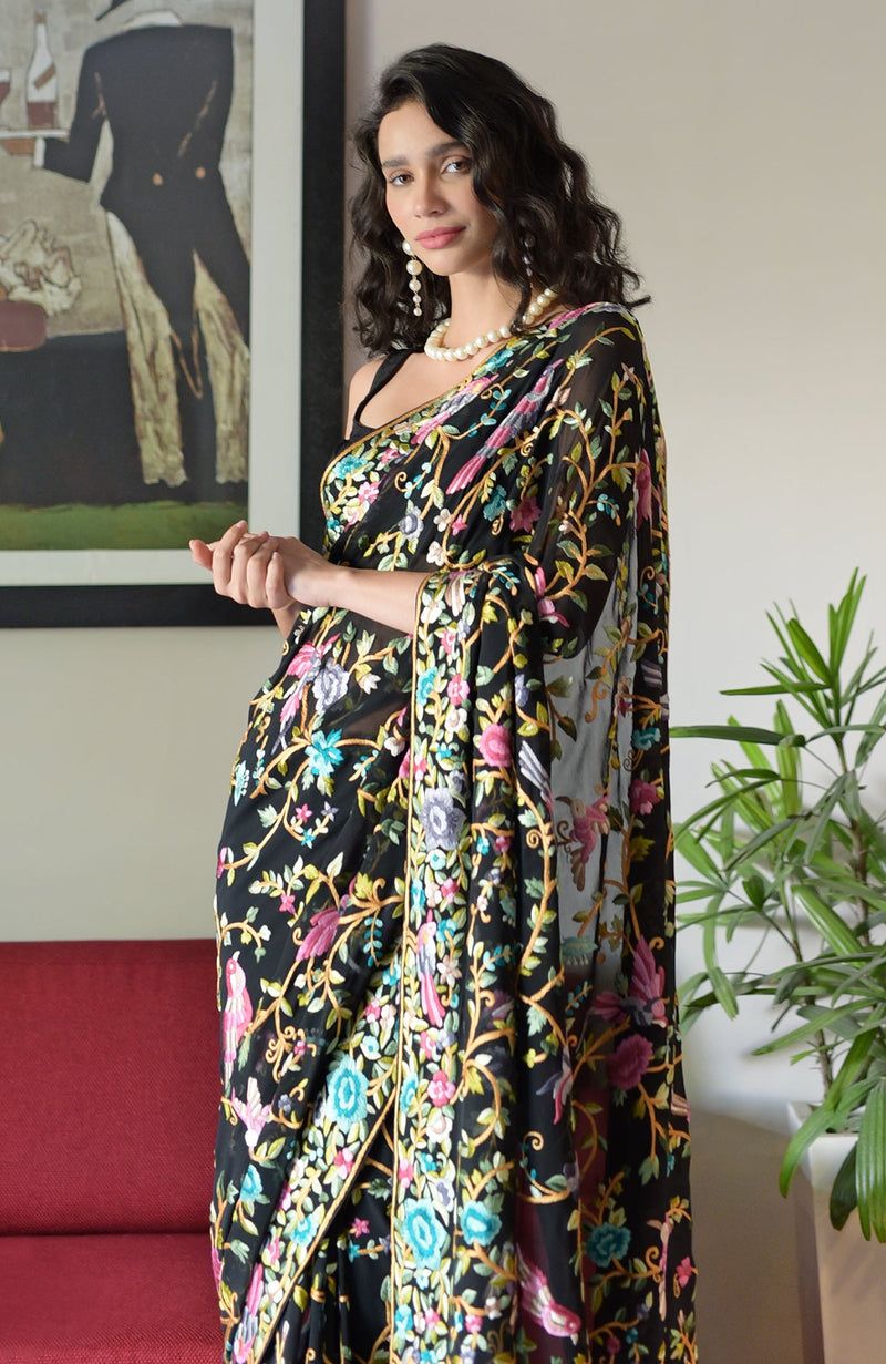 Masterpiece Black Parsi Gara Hand Embroidered Saree