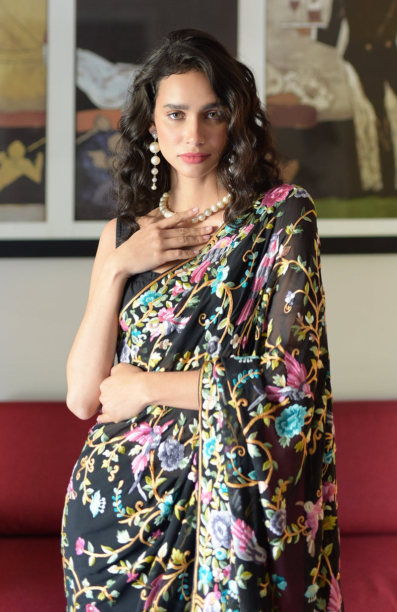 Masterpiece Black Parsi Gara Hand Embroidered Saree