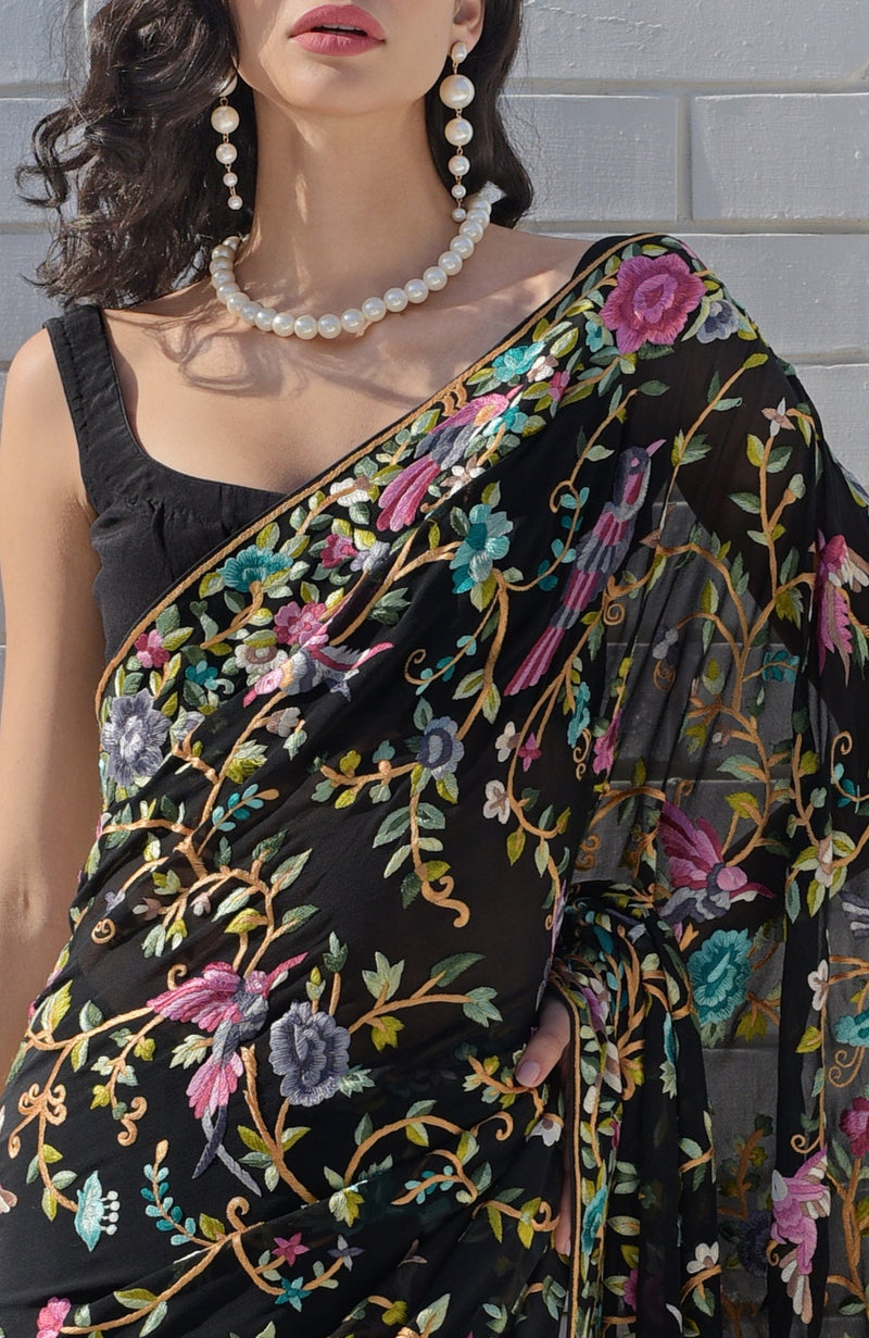 Masterpiece Black Parsi Gara Hand Embroidered Saree