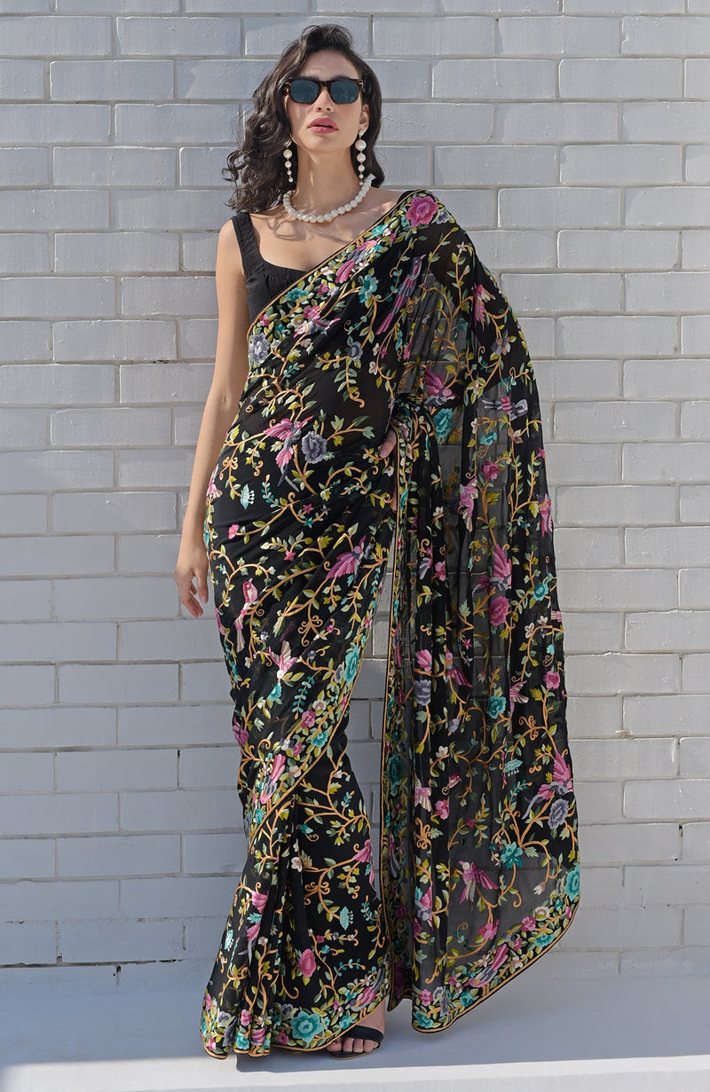 Masterpiece Black Parsi Gara Hand Embroidered Saree