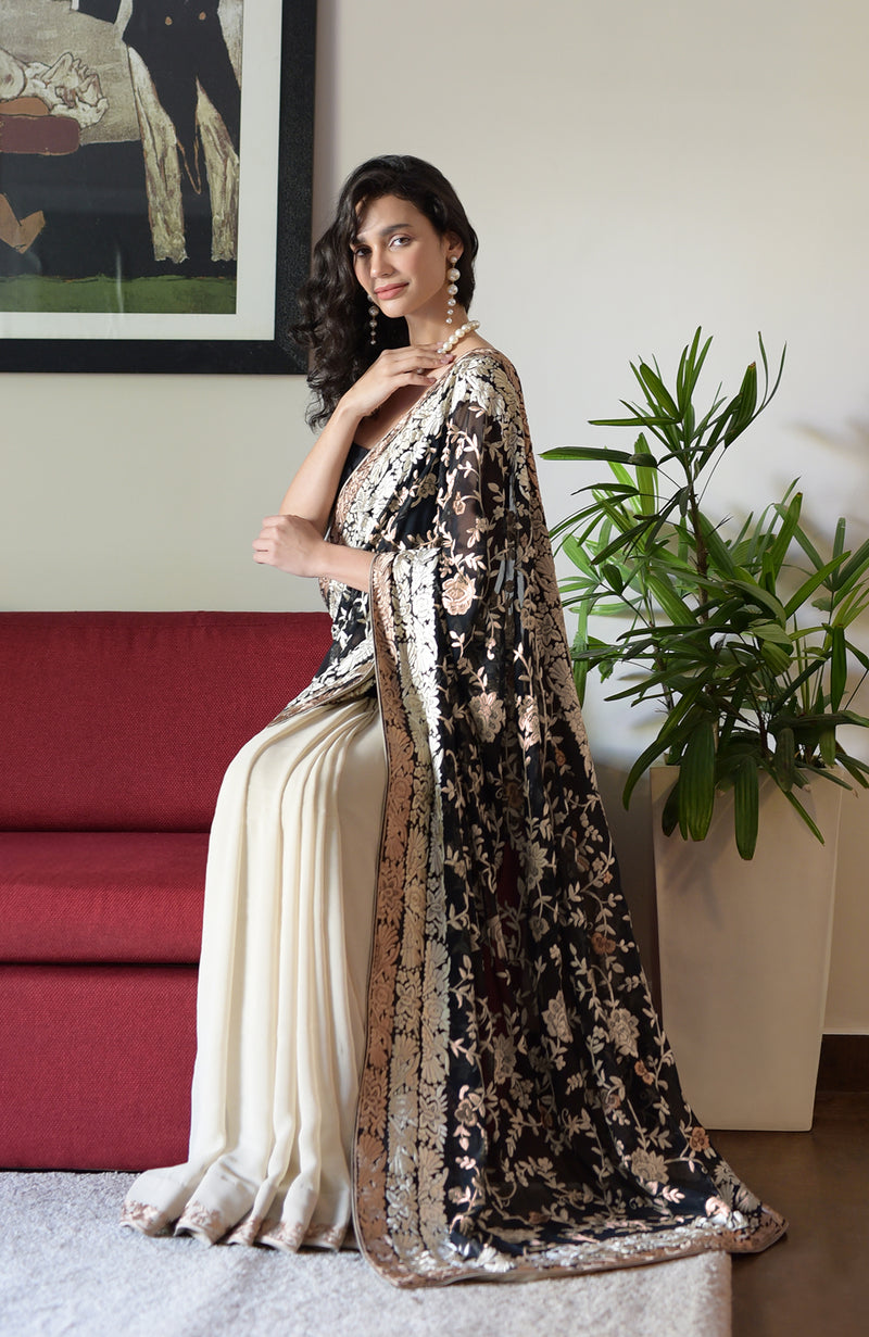 Black-Beige Masterpiece Parsi Gara Hand Embroidered Saree