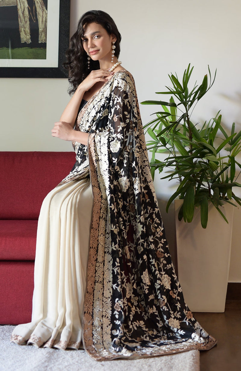 Black-Beige Masterpiece Parsi Gara Hand Embroidered Saree