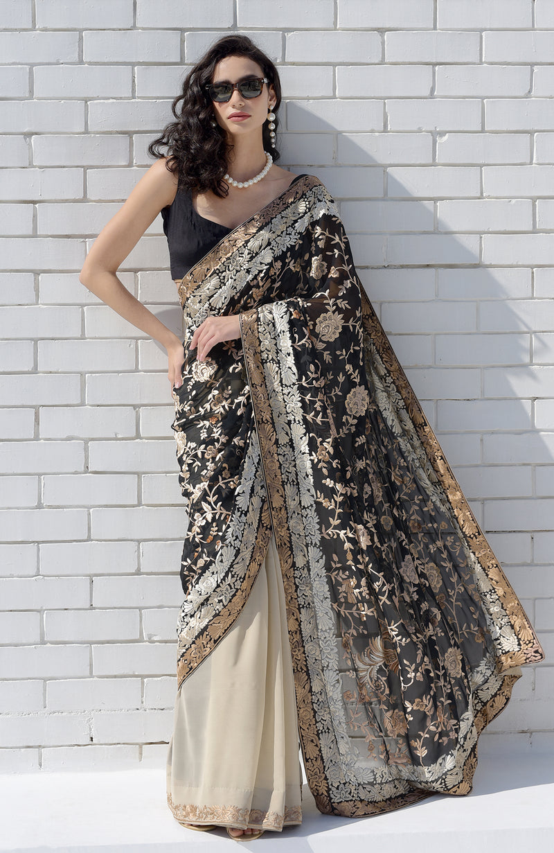 Black-Beige Masterpiece Parsi Gara Hand Embroidered Saree