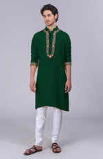 Bottle Green Parsi Gara Embroidered Kurta
