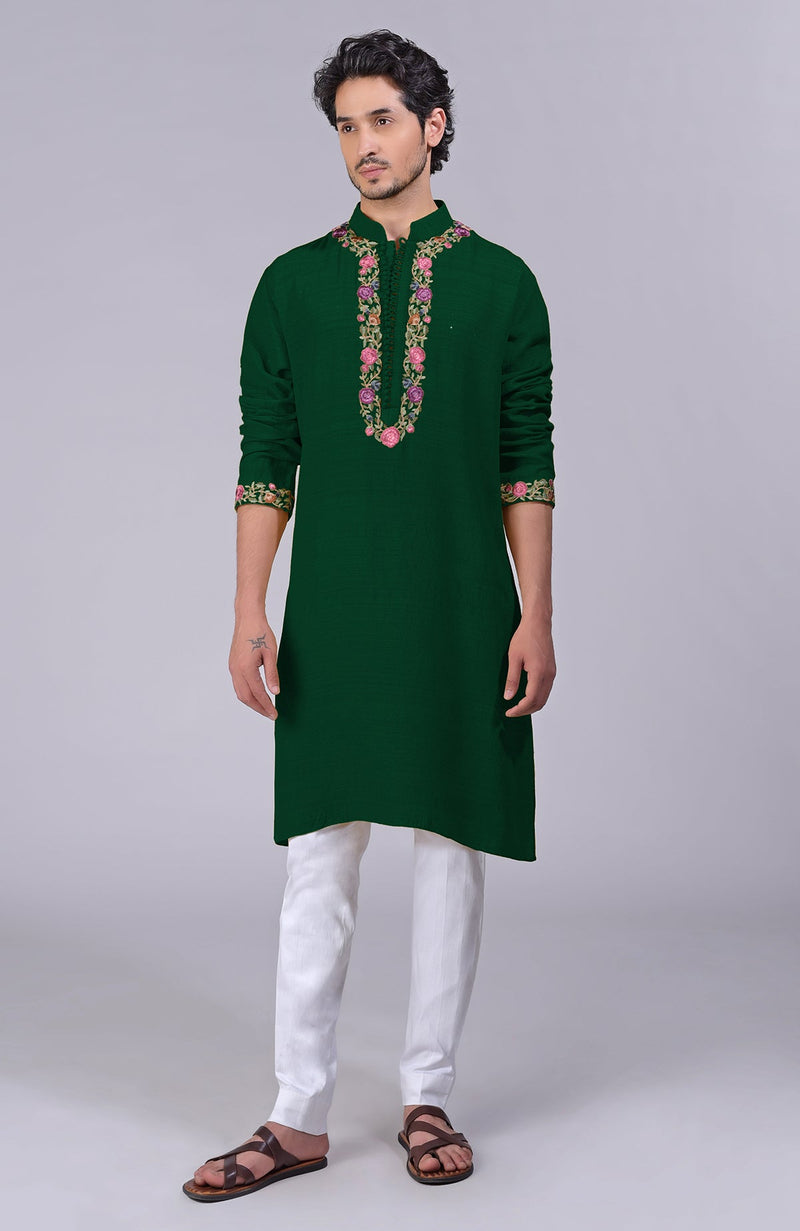 Bottle Green Parsi Gara Embroidered Kurta