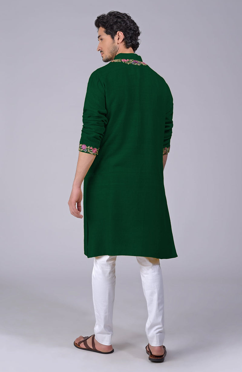 Bottle Green Parsi Gara Embroidered Kurta