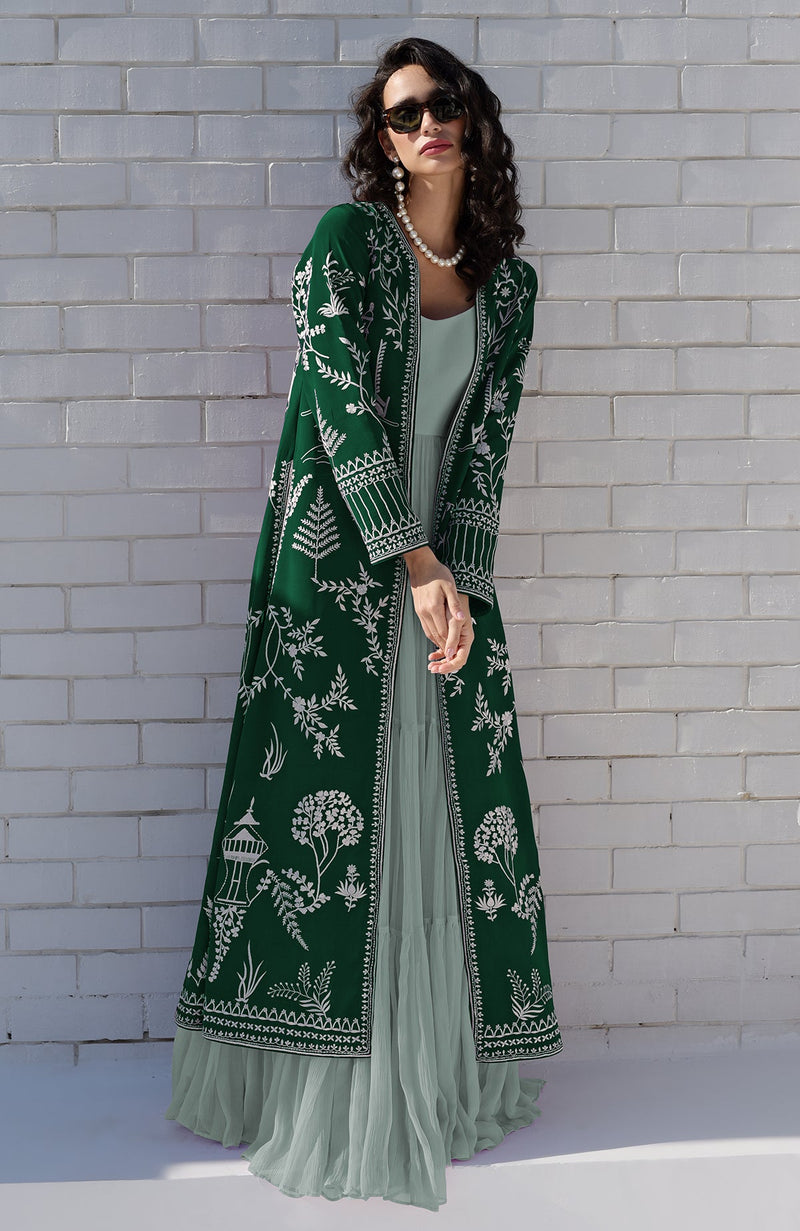 Emerald Green Parsi Gara Embroidered Jacket