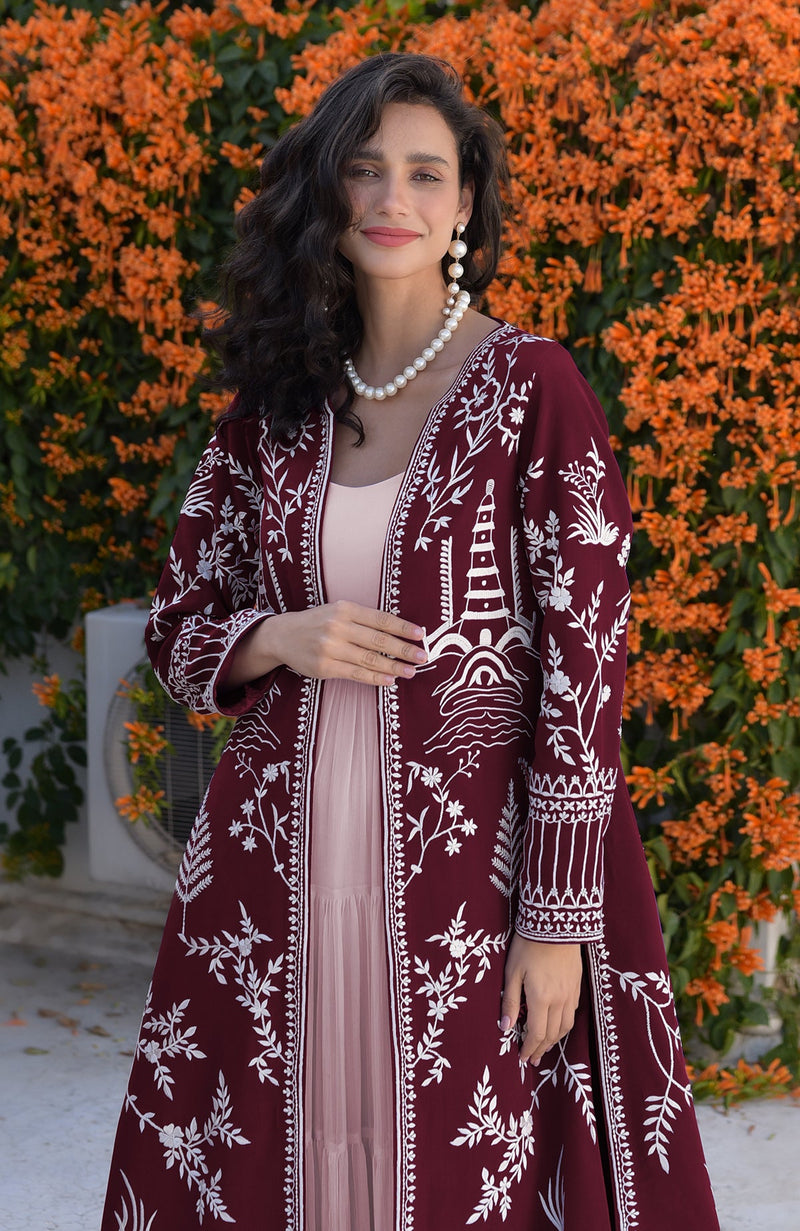 Maroon Parsi Gara Embroidered Jacket