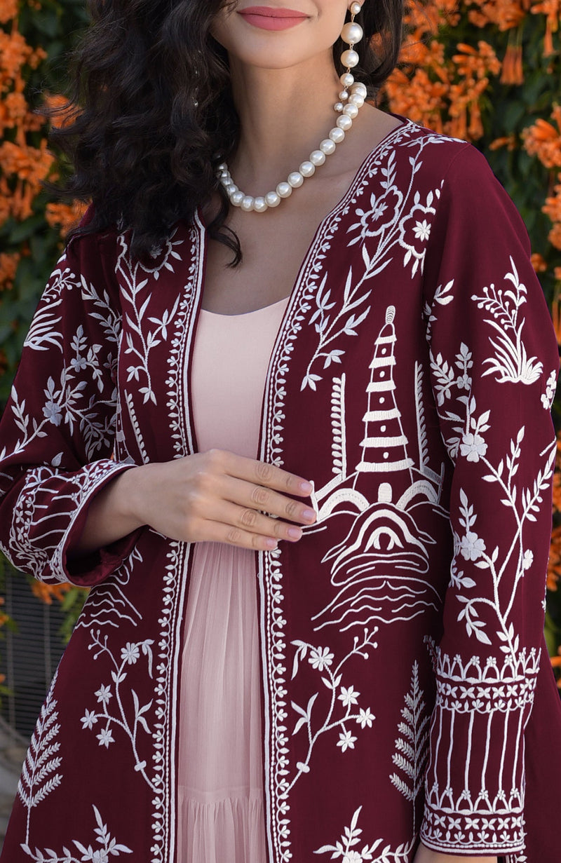 Maroon Parsi Gara Embroidered Jacket