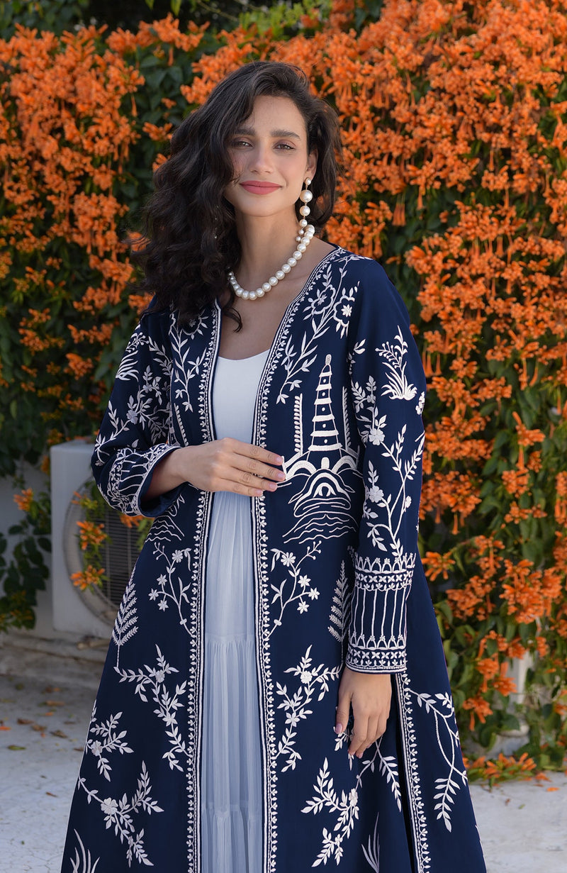 Navy Blue Parsi Gara Embroidered Jacket Set