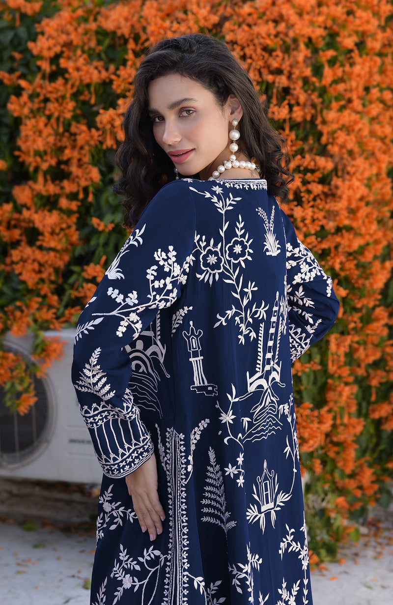 Navy Blue Parsi Gara Embroidered Jacket Set