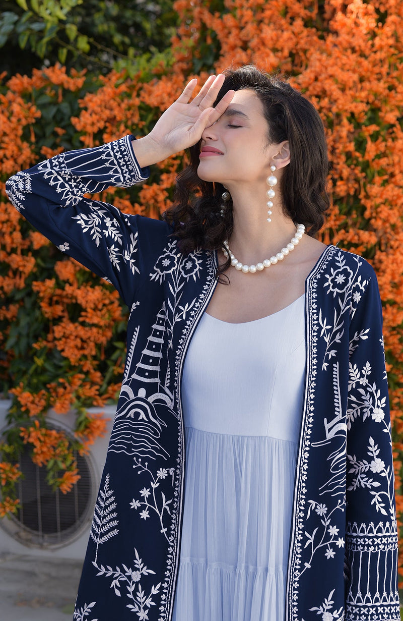 Navy Blue Parsi Gara Embroidered Jacket Set