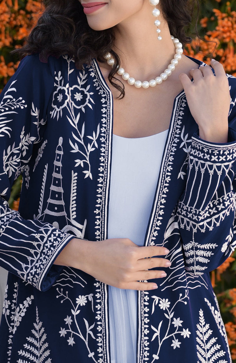 Navy Blue Parsi Gara Embroidered Jacket Set