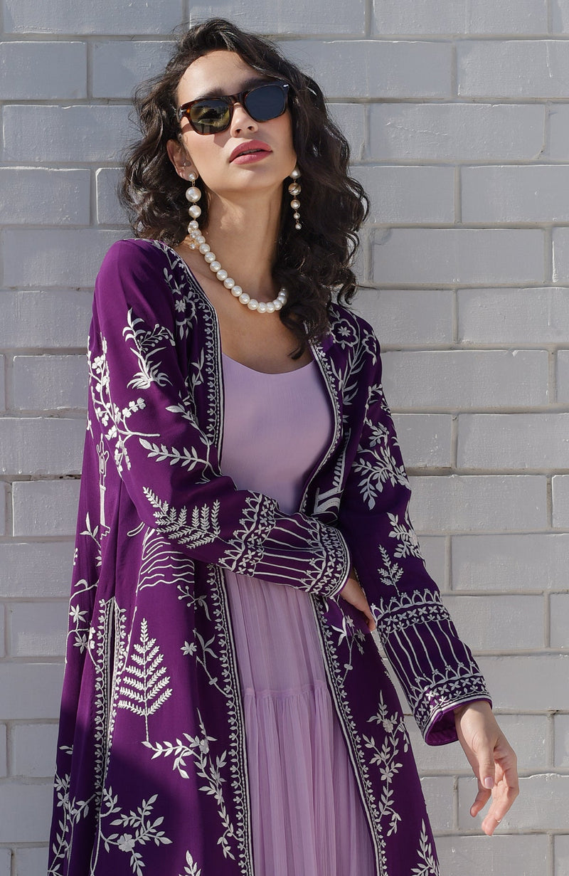 Purple Parsi Gara Embroidered Jacket Set