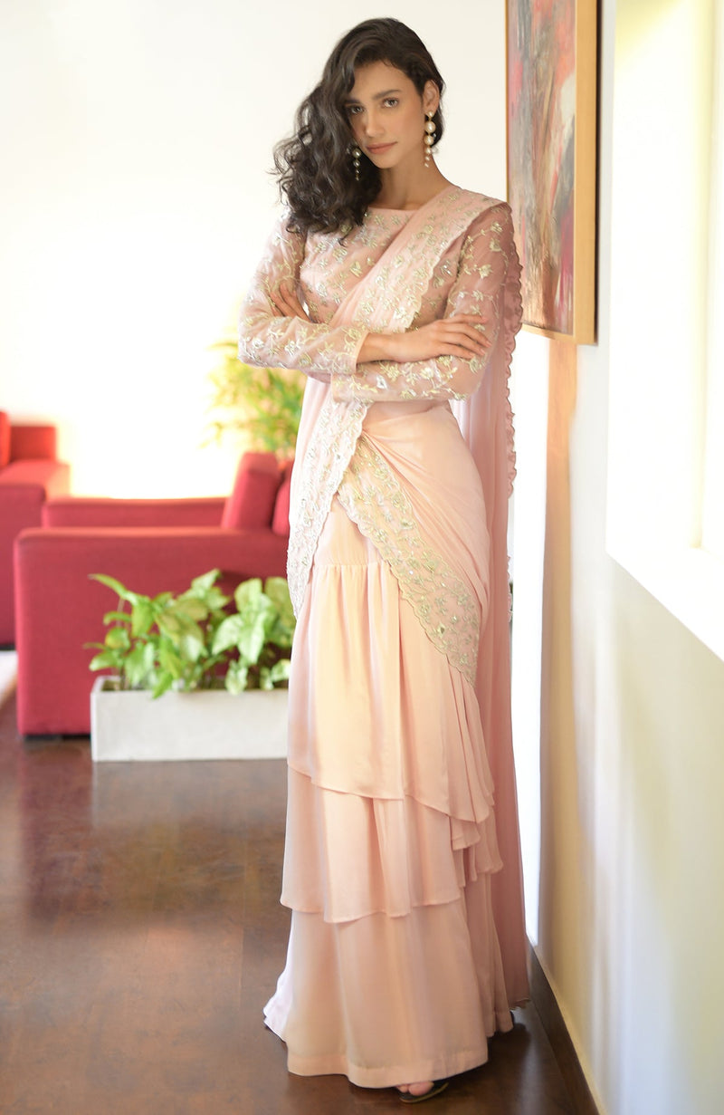 Nude Pink – Silver Embroidered Draped Saree Set