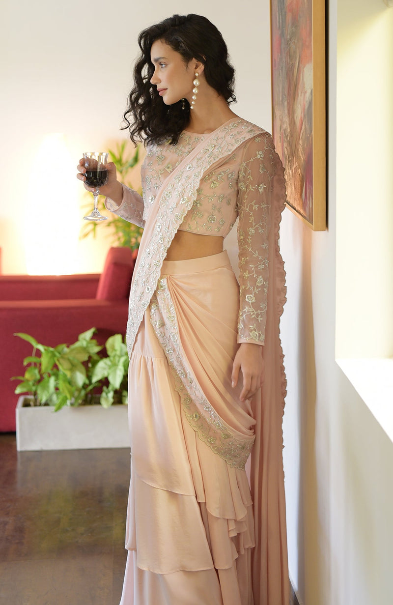 Nude Pink – Silver Embroidered Draped Saree Set