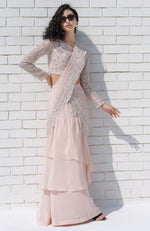 Nude Pink – Silver Embroidered Draped Saree Set