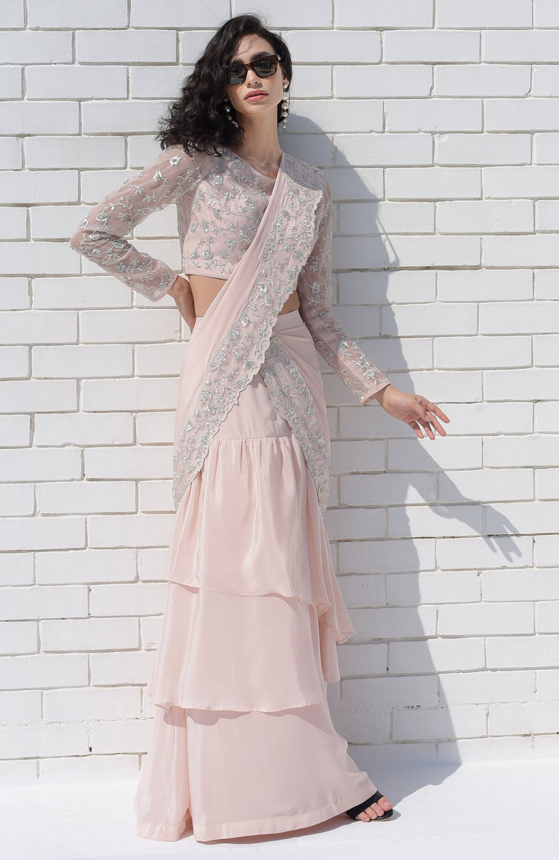 Nude Pink – Silver Embroidered Draped Saree Set