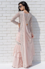 Nude Pink – Silver Embroidered Draped Saree Set