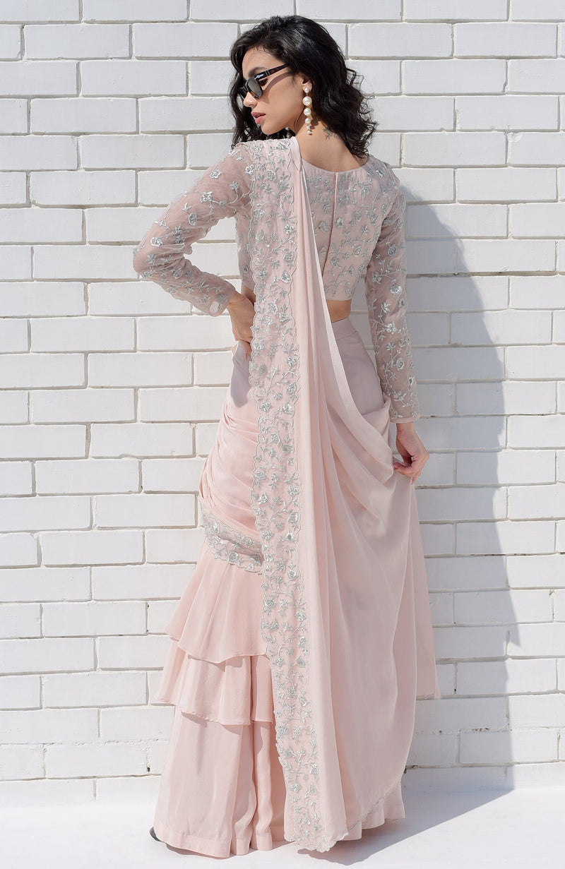 Nude Pink – Silver Embroidered Draped Saree Set