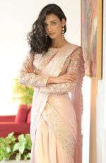 Nude Pink – Silver Embroidered Draped Saree Set