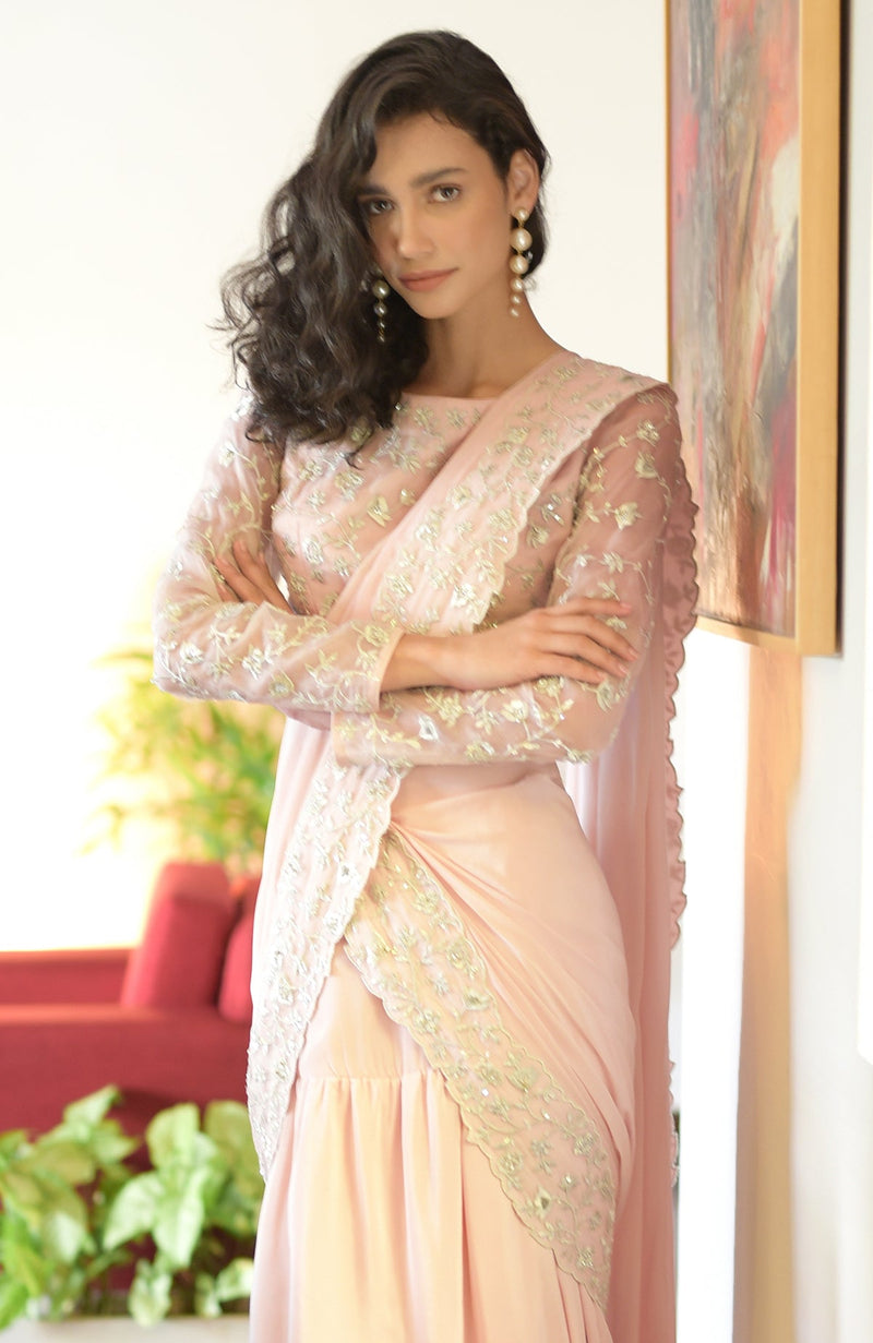 Nude Pink – Silver Embroidered Draped Saree Set