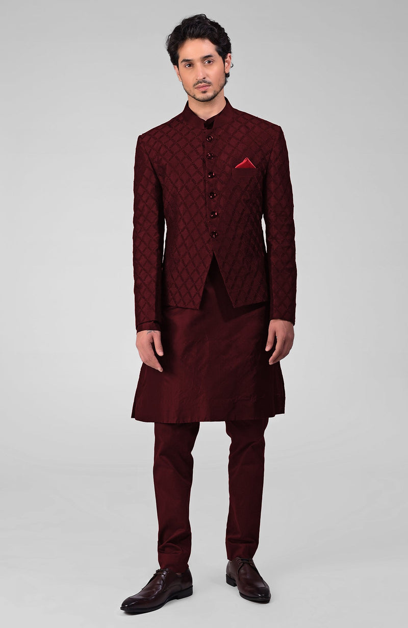 Maroon Chikankari Embroidered Bandhgala Jacket Set