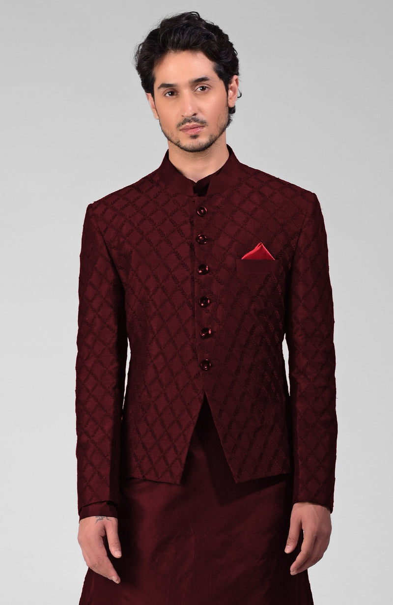 Maroon Chikankari Embroidered Bandhgala Jacket Set