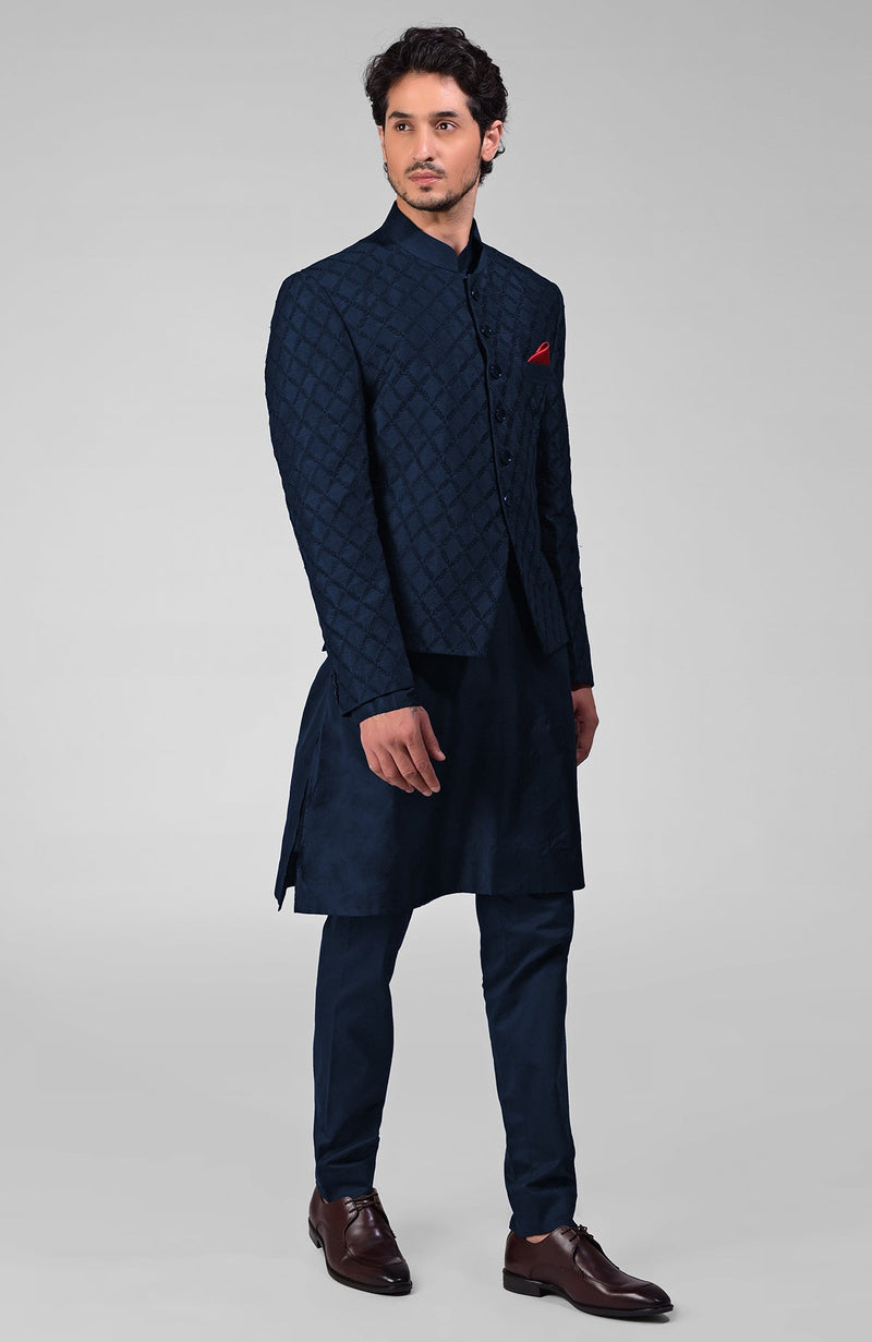 Navy Blue Chikankari Embroidered Bandhgala Jacket Set