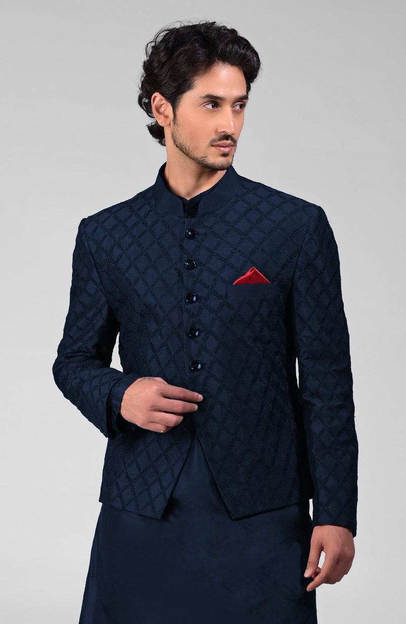 Navy Blue Chikankari Embroidered Bandhgala Jacket Set