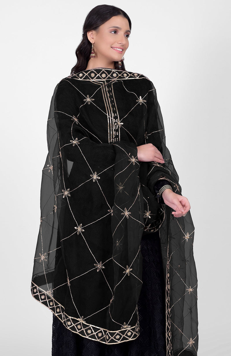 Black Phulkari Anarkali With Gota Kasab Dupatta