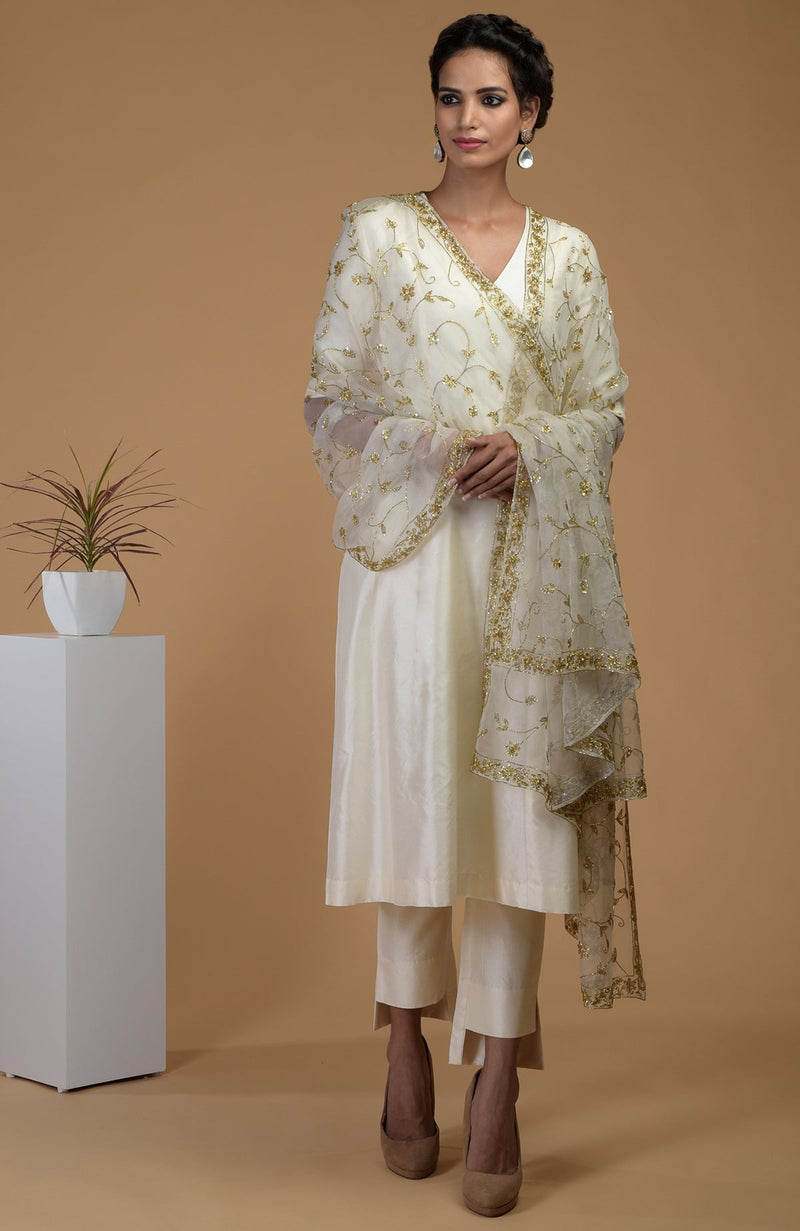 Chutney-Gold Zardozi Hand Embroidered Dupatta With Suit