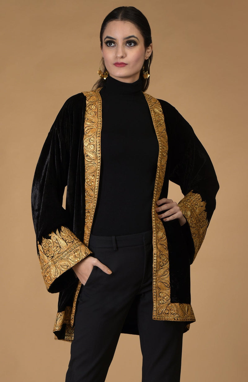 Black Kashmiri Tilla Embroidered Kimono Jacket