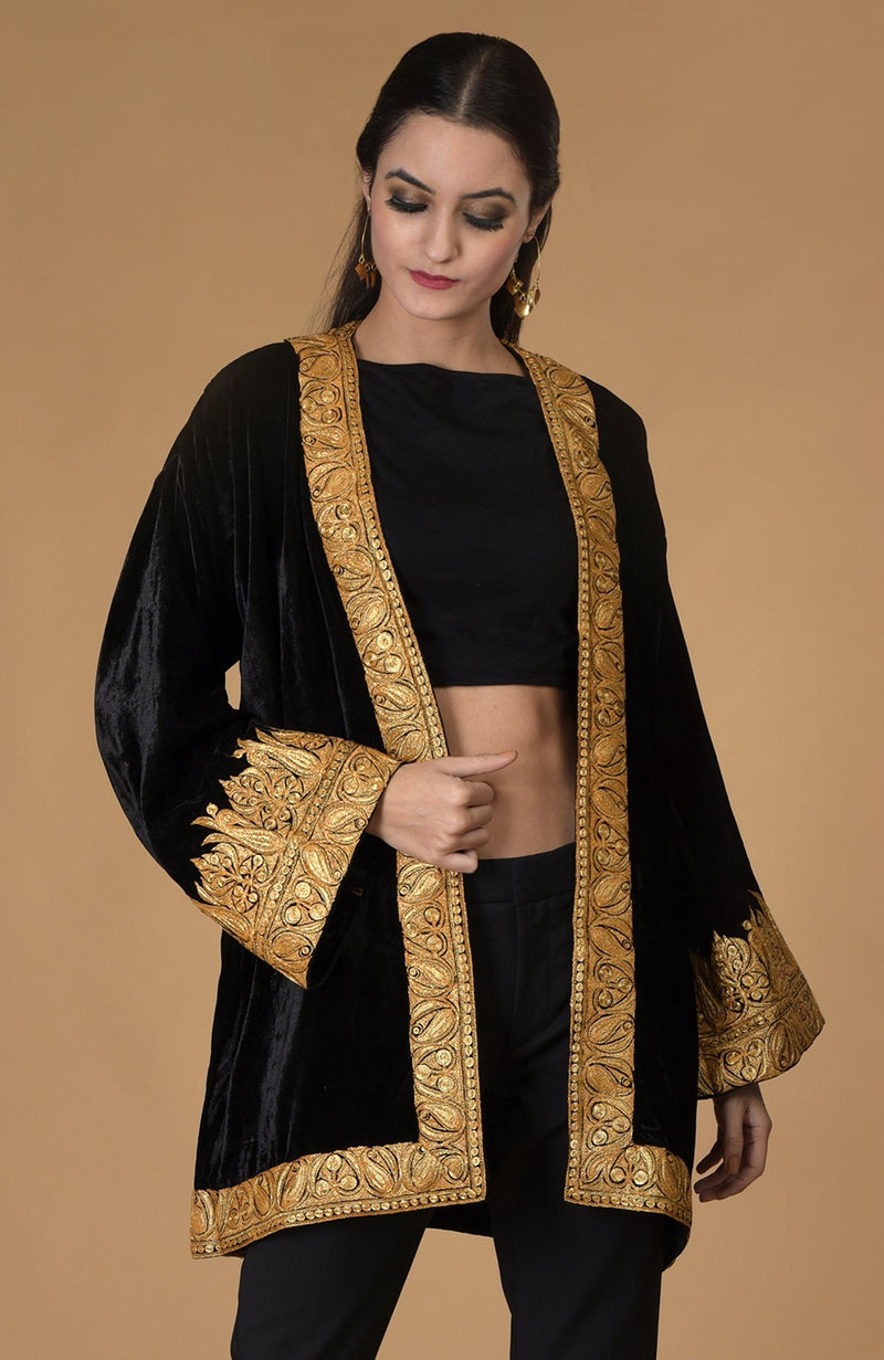 Black Kashmiri Tilla Embroidered Kimono Jacket