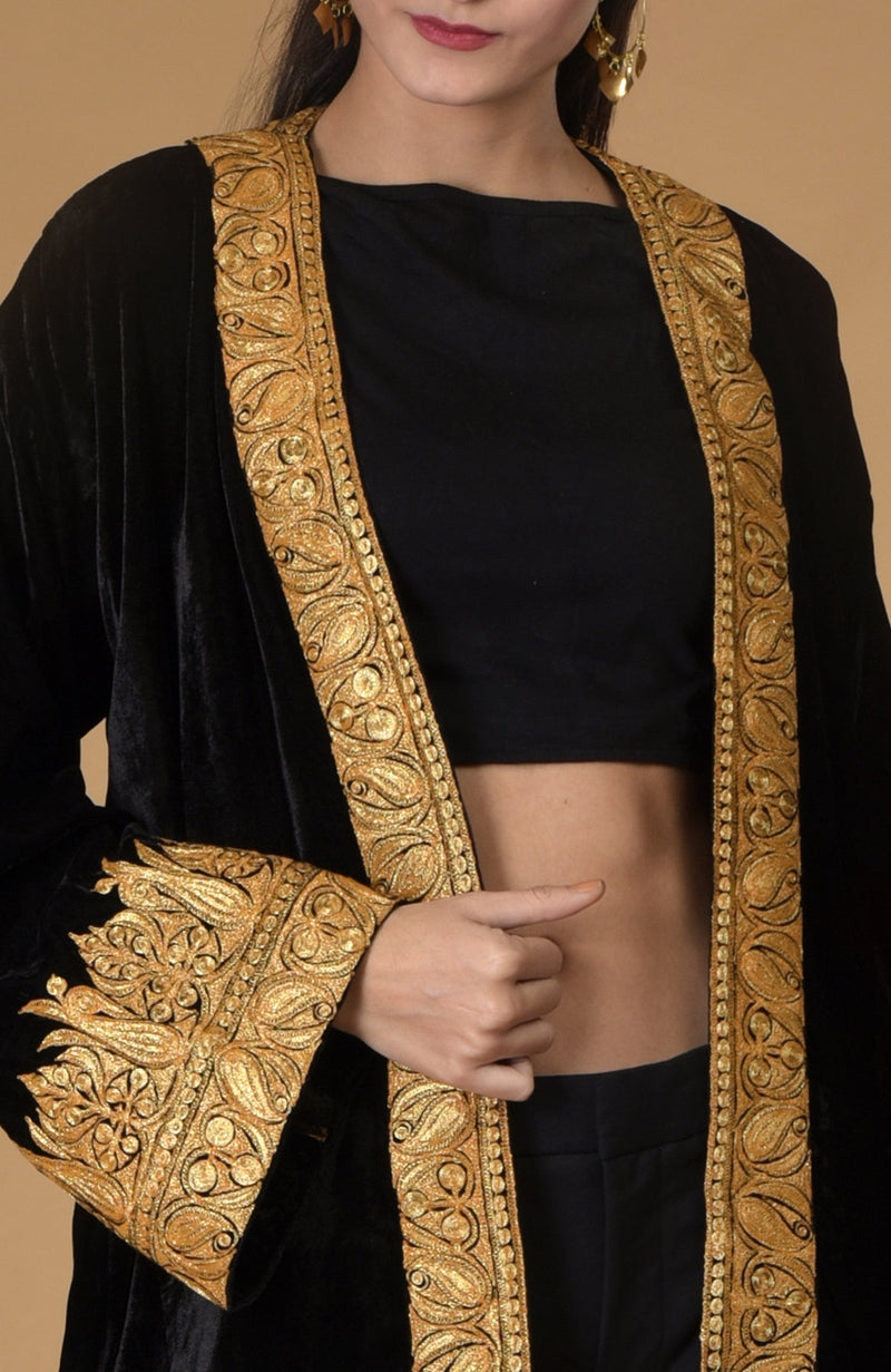 Black Kashmiri Tilla Embroidered Kimono Jacket