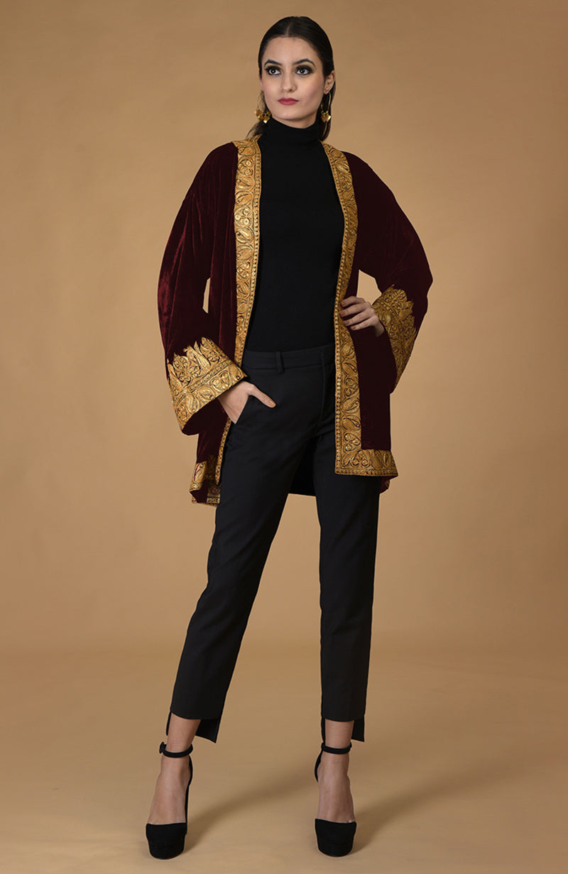 Burgundy Kashmiri Tilla Embroidered Kimono Jacket