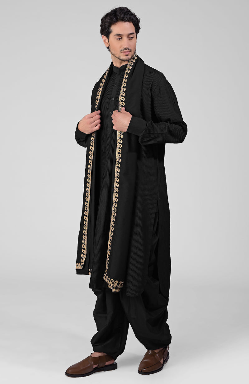 Teal Pintuck Pathani Kurta Salwar Set & Tilla Embroidered Dupatta