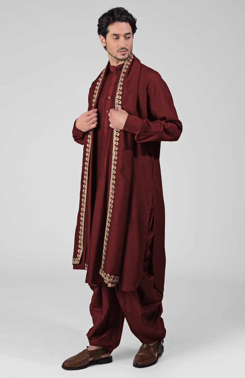 Teal Pintuck Pathani Kurta Salwar Set & Tilla Embroidered Dupatta