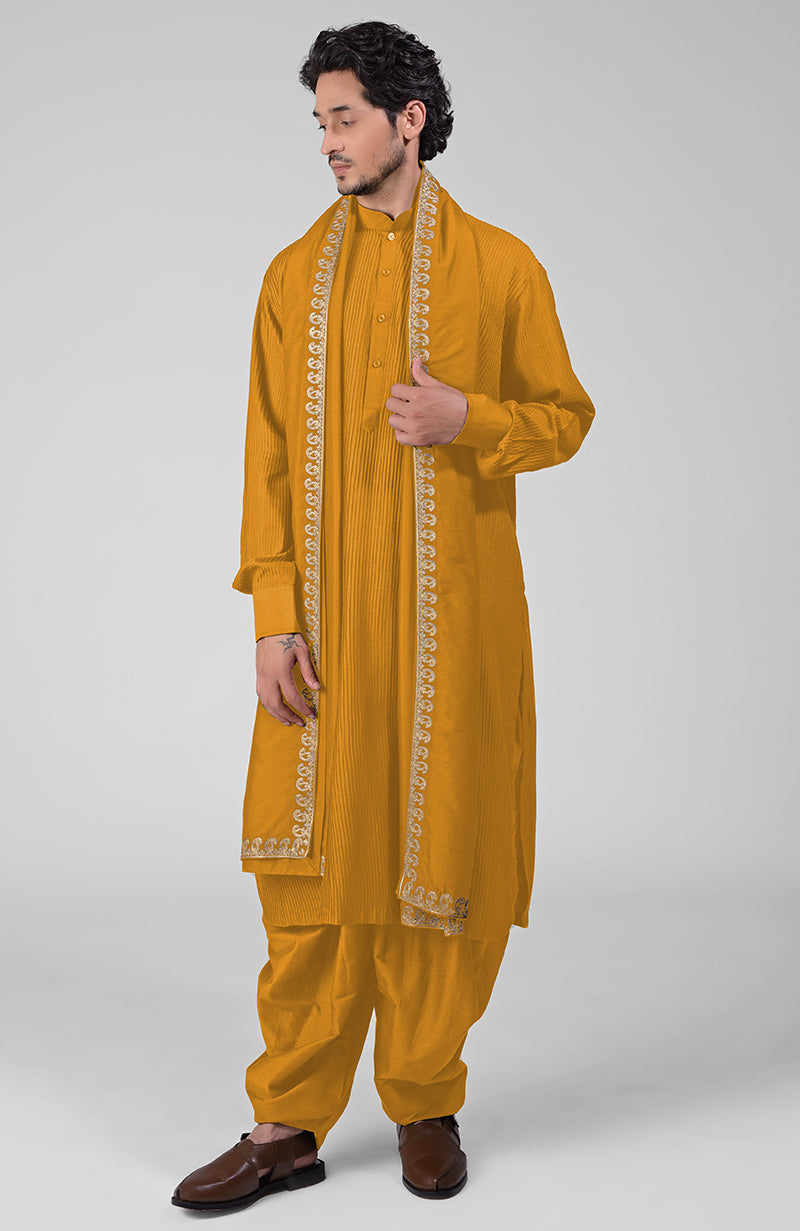Teal Pintuck Pathani Kurta Salwar Set & Tilla Embroidered Dupatta