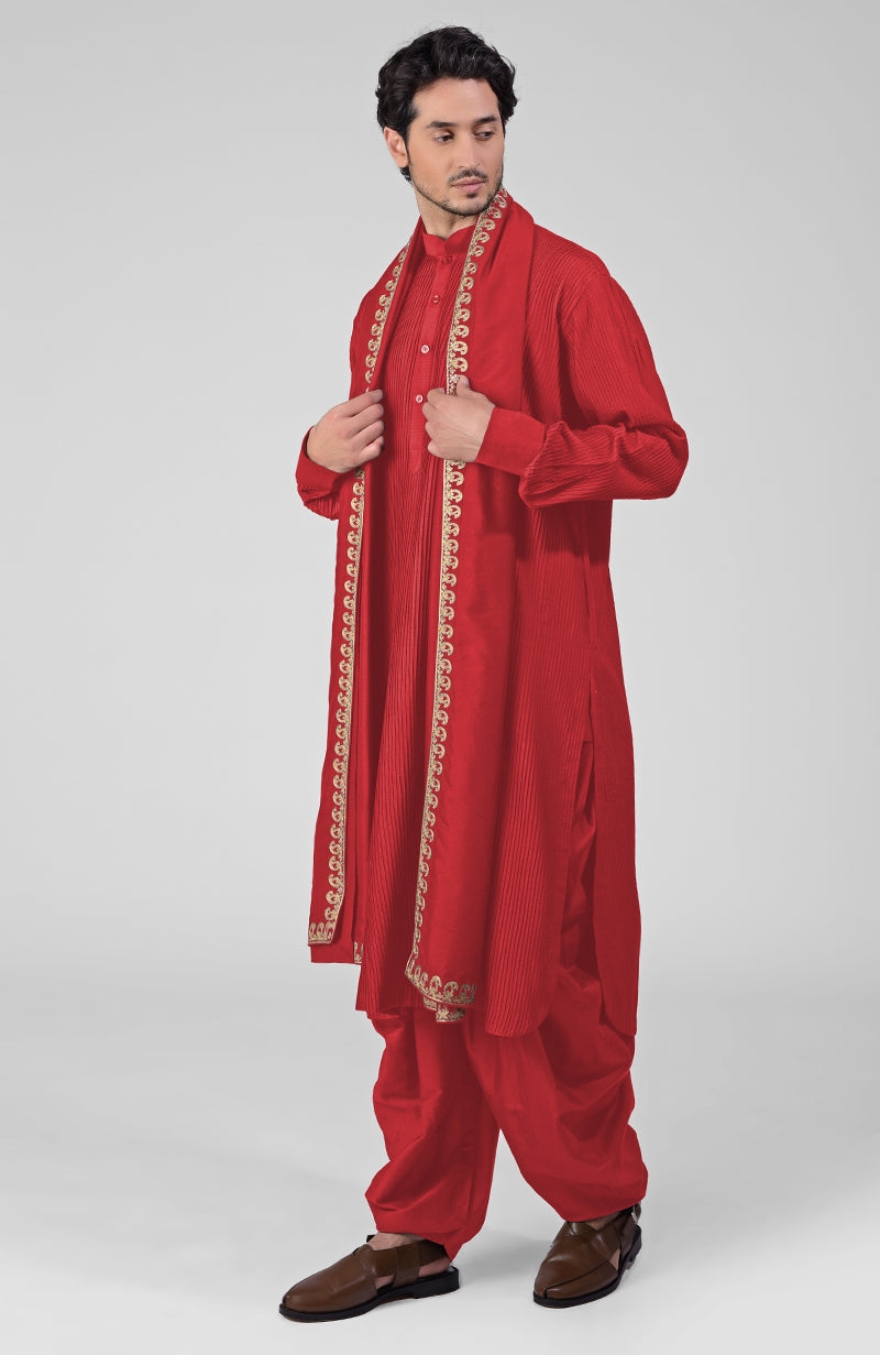 Teal Pintuck Pathani Kurta Salwar Set & Tilla Embroidered Dupatta