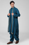 Teal Pintuck Pathani Kurta Salwar Set & Tilla Embroidered Dupatta