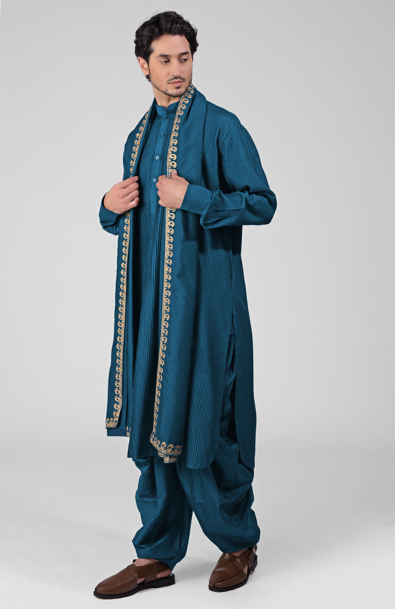 Teal Pintuck Pathani Kurta Salwar Set & Tilla Embroidered Dupatta