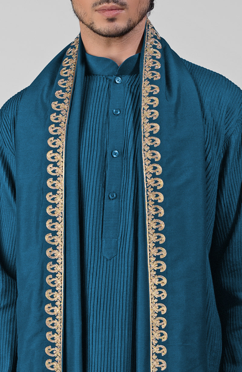 Teal Pintuck Pathani Kurta Salwar Set & Tilla Embroidered Dupatta
